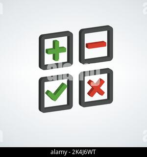 3d Tick and cross bullet box set signs.Tick icons big set. A check mark stickers.Validation agree buttons. Stock vector illustration isolated on white Stock Vector