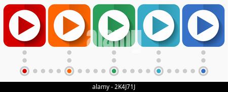 Play vector icons, infographic template, set of flat design symbols in 5 color options Stock Vector