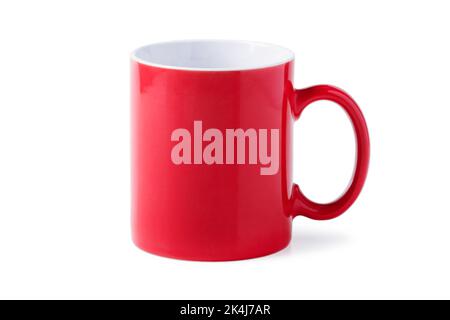Red ceramic cup with handle closeup isolated on white Stock Photo