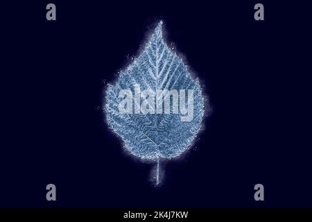 One frozen icy raspberry tree leaf isolated on dark blue background, blue ice covered effect on leaf. Natural frozen bluish single rubus berry leaf wi Stock Photo