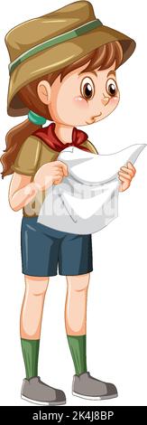 Camping girl looking at map illustration Stock Vector