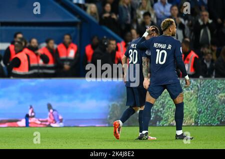 NEYMAR Jr of Paris and Lionel MESSI of Paris and Angel DI MARIA of Paris  and Kylian MBAPPE of Paris during the French championship Ligue 1 football  match between AS Saint-Etienne and