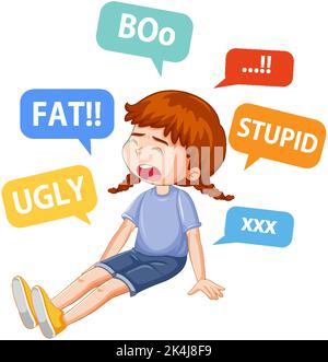 Sad girl surrounded by bullying words illustration Stock Vector