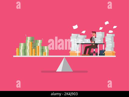 Working hard businessman compare with money on balance scale. Vector illustration Stock Vector