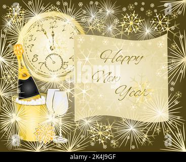 Happy New Year lettering, clock, champagne bottle and glass Stock ...
