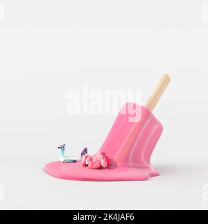 Ice cream melting puddle on white background with giant pink flamingo and peacock floating, empty space on top, summer concept, 3d rendering, 3d illus Stock Photo