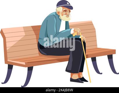 Grandpa sitting on bench with walking stick vector Stock Vector