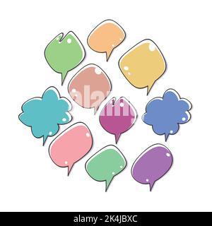 Set of color speech bubbles. Cartoon Vector illustration. Isolated on transparent white background. Hand draw style, dialog clouds Stock Vector