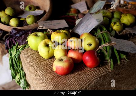 Apples on display on a traditional table in Sussex, UK. Stock Photo