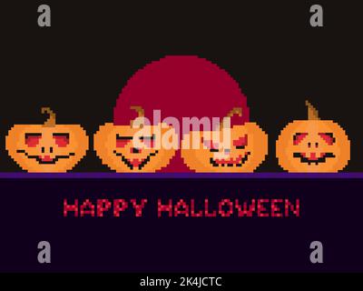 Pixel art Happy Halloween with pixelated pumpkins with carved faces. 8 bit Halloween pumpkins and red sun on background. Design for greeting cards, po Stock Vector