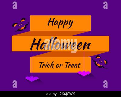 Happy Halloween October 31st, trick or treat. Festive banner with Halloween carved face in witch hat and bats. Design for greeting cards, posters and Stock Vector