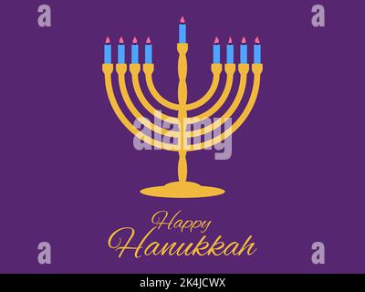 Happy Hanukkah. Menorah with nine candles is a symbol of the Jewish holiday. Golden menorah with blue candles isolated on violet background. Design fo Stock Vector