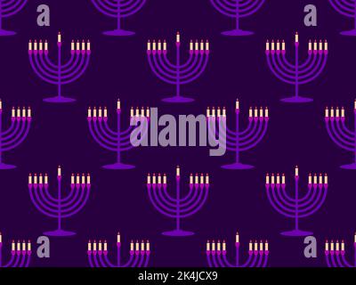 Menorah with nine Hanukkah candles seamless pattern. Happy Hanukkah. Menorah with candles on a purple background. Design for greeting card, banner and Stock Vector