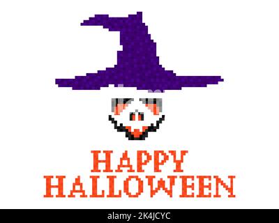 Happy Halloween October 31st, trick or treat. Halloween carved face in witch hat in pixel art style. Evil scary face retro 8-bit graphic. Design for a Stock Vector
