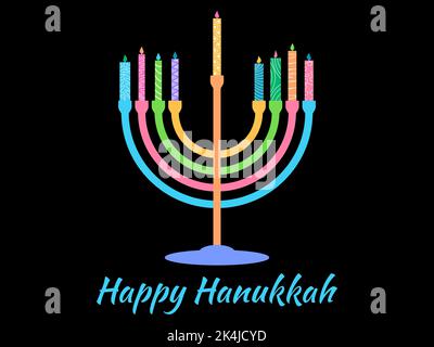 Happy Hanukkah. Menorah with nine candles is a symbol of the Jewish holiday. Multicolored menorah with colorful candles. Design for greeting card, ban Stock Vector