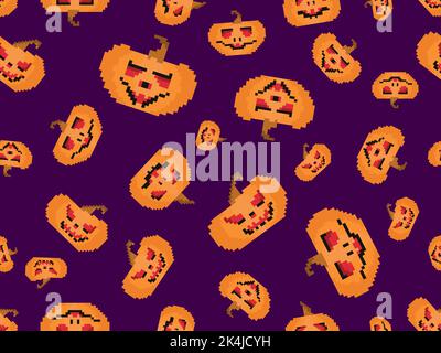 Pixelated pumpkins with carved faces for Halloween seamless pattern. 8 bit Halloween pumpkins in pixel art style. Design for printing on fabric, wrapp Stock Vector