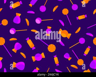 Halloween candy seamless pattern. Trick or treat. Scattered candies in purple and orange wrappers. Candies and lollipops. Design for greeting cards, p Stock Vector