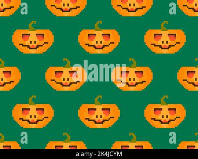 Pixelated pumpkins with carved faces for Halloween seamless pattern. 8 bit Halloween pumpkins in pixel art style. Design for printing on fabric, wrapp Stock Vector