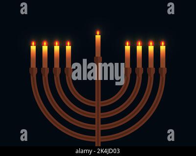Happy Hanukkah. Menorah with nine candles is a symbol of the Jewish holiday. Light from menorah candles on a black background. Design for greeting car Stock Vector