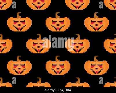 Pixelated pumpkins with carved faces for Halloween seamless pattern. 8 bit Halloween pumpkins in pixel art style. Design for printing on fabric, wrapp Stock Vector