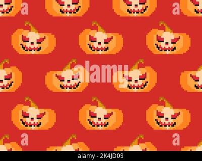 Pixelated pumpkins with carved faces for Halloween seamless pattern. 8 bit Halloween pumpkins in pixel art style. Design for printing on fabric, wrapp Stock Vector