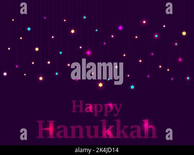 Happy Hanukkah. Hanging twinkling star of David with bright lights for the Jewish holiday. Design for greeting card, banner and poster. Vector illustr Stock Vector