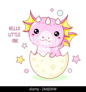 Baby shower invitation template. Cute newborn dragon in egg. Inscription Hello little one. Can be used for invitations, birthday greeting card. Vector Stock Vector