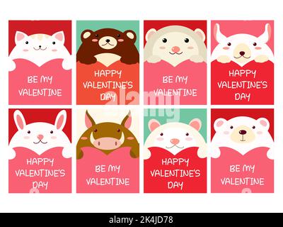 Set of vertical Valentine's day cards with cute animals. Baby collection of gift tag with animal. Template holiday banner, sticker for decoration, con Stock Vector