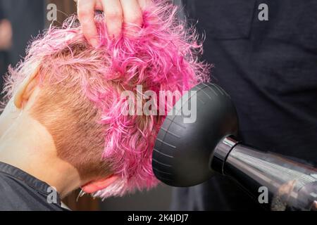 Drying short pink bob hairstyle of a young caucasian woman with a black hair dryer with the brush by hands of a male hairdresser in a hair salon, close up Stock Photo