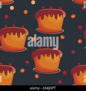 Holiday cooking seamless pattern. Cupcake, cake, sweet pastry, cupcake with colored icing and colorful details. Food concept. Realistic vector Stock Vector