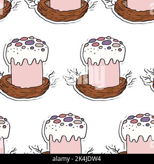 Seamless pattern with Easter cake on white background. Hand drawn Happy Easter symbol. Design for card, postcard, wallpaper, poster, fabric, textile Stock Vector