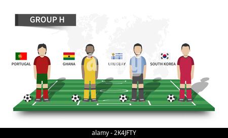 Qatar fifa world cup soccer tournament 2022 . 32 teams group stages and cartoon player character with jersey and country flags on perspective football Stock Vector