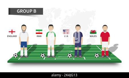 Qatar fifa world cup soccer tournament 2022 . 32 teams group stages and cartoon player character with jersey and country flags on perspective football Stock Vector