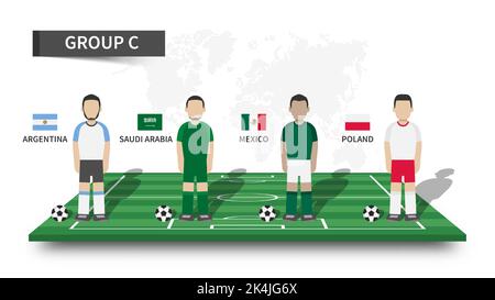 Qatar fifa world cup soccer tournament 2022 . 32 teams group stages and cartoon player character with jersey and country flags on perspective football Stock Vector