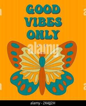 Retro groovy posters 60s 70s with groovy butterfly for cards, stickers or poster design. Typography slogan Stock Vector