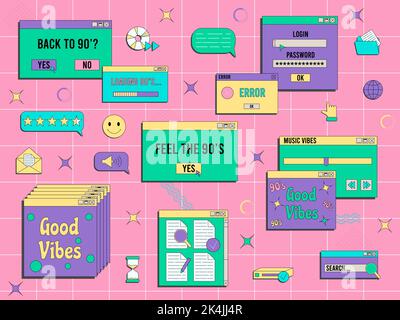 Set of vaporwave UI and UX elements. PC retro game frame. Nostalgic style 70s, 80s, 90s. Stock Vector