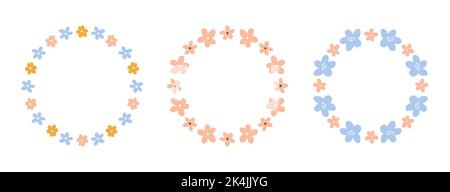 Set of cute floral wreaths with tiny flowers isolated on white background. Vector hand-drawn flat illustration. Perfect for cards, invitations, decor Stock Vector