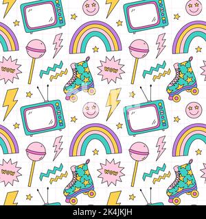 Bright seamless pattern with items from the nineties - quad roller skates, retro TV, smile, chupa chups, lightnings, stars and rainbows Stock Vector