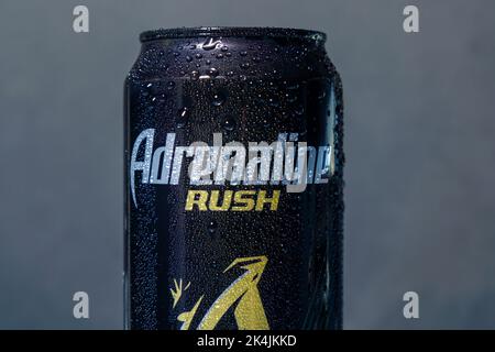 Tyumen, Russia-September 27, 2022: Adrenaline Rush Energy drink, metal can logo close up. Stock Photo