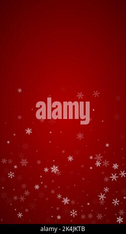 Magic falling snow christmas background. Subtle flying snow flakes and stars on christmas red background. Magic falling snow holiday scenery. Vertical Stock Vector