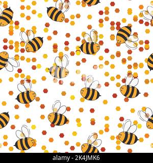 Seamless pattern with bees on white honeycomb background. Small wasp. Vector illustration. Adorable cartoon character. Template design for invitation Stock Vector