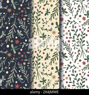 Christmas seamless pattern set with plants, leaves and stars on different backgrounds. Flat design. Vector illustration Stock Vector