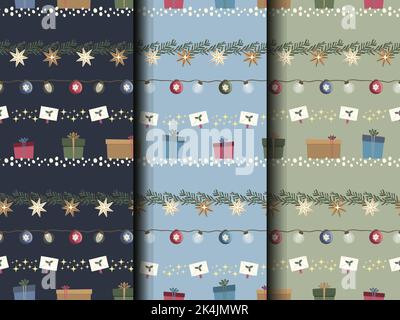 Christmas seamless pattern set with gifts, stars, plants, lights and snowflake. Vector illustration Stock Vector