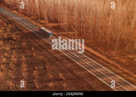 Semitrailer eighteen-wheeler truck on the road through deciduous forest landscape in autumn sunset, drone photography from above Stock Photo