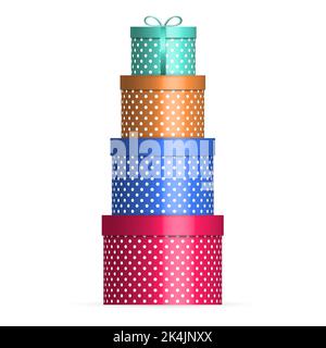 Set of multi-colored gift boxes of various sizes. Front view, 3D vector illustration. Stock Vector