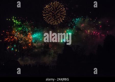 A silhouette of trees on the fireworks show in Alton Towers theme park Stock Photo