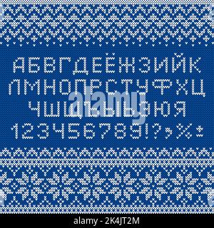 Cyrillic font in sweater style. Knitted russian letters, numbers and symbols for New Year holidays and winter. Alphabet and scandinavian pattern. Stock Vector