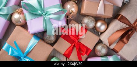 Christmas gift boxes and Christmas balls. The concept of Christmas and New Year. Stock Photo