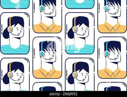 Seamless pattern - call center agents vector avatars. Smiling office workers with headsets, cartoon characters - man and woman Stock Vector