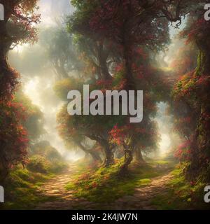 Fabulous mysterious forest of magical trees. Rays of sun break through foliage and branches of trees. Path through thicket of the forest. 3d illustrat Stock Photo